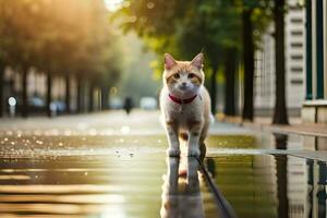 une chat en marchant sur une humide rue avec une rouge collier. généré par ai photo