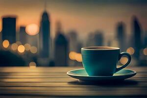 café tasse sur en bois table avec paysage urbain Contexte. généré par ai photo