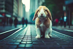 une lapin est permanent sur une train piste. généré par ai photo