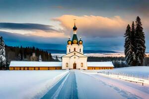 une église dans le neige avec une route de premier plan à il. généré par ai photo