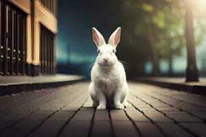 blanc lapin séance sur brique route à nuit. généré par ai photo