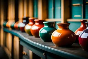 une rangée de coloré des vases sur une étagère. généré par ai photo