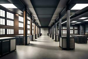 un industriel entrepôt avec beaucoup de les tables et chaises. généré par ai photo