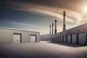 industriel entrepôt avec deux grand des portes et une Soleil. généré par ai photo