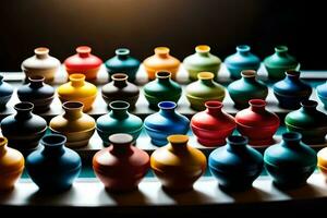une rangée de coloré des vases asseoir sur une tableau. généré par ai photo