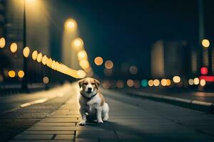 une chien séance sur le trottoir à nuit. généré par ai photo