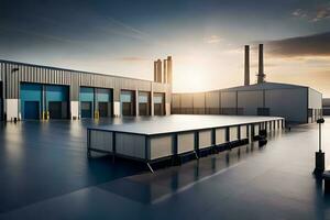 industriel entrepôt avec grand les fenêtres et une Soleil paramètre. généré par ai photo