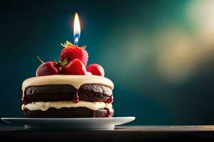 anniversaire gâteau avec Chocolat Glaçage et Cerise sur Haut. généré par ai photo