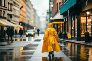 une la personne en marchant vers le bas une humide rue dans une Jaune imperméable. généré par ai photo