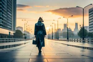 une femme dans une cuir veste en marchant vers le bas une rue à le coucher du soleil. généré par ai photo