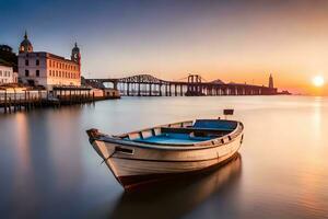 une bateau est assis sur le l'eau à le coucher du soleil. généré par ai photo