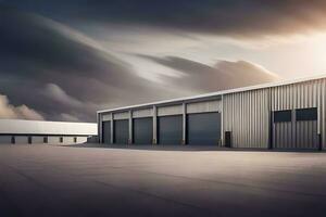 une grand industriel bâtiment avec deux garage des portes. généré par ai photo