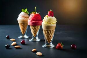 Trois la glace crème cônes avec des fraises et cerises. généré par ai photo