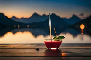 une verre de rouge boisson est assis sur une en bois table dans de face de une lac. généré par ai photo