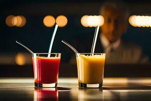 deux des lunettes de jus avec pailles sur une tableau. généré par ai photo