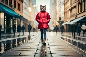 une femme dans une rouge manteau en marchant vers le bas une rue. généré par ai photo