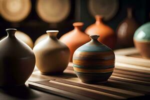 une groupe de des vases sont séance sur une tableau. généré par ai photo