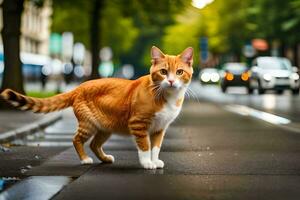 un Orange et blanc chat est en marchant à travers le rue. généré par ai photo