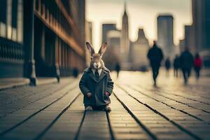 une lapin dans une costume des stands sur une rue. généré par ai photo