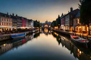 une canal dans bruges, Belgique à le coucher du soleil. généré par ai photo