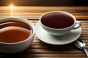 deux tasses de thé asseoir sur une table avec une cuillère. généré par ai photo