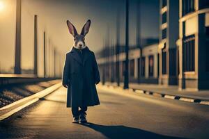 une lapin portant une manteau et chapeau sur une rue. généré par ai photo