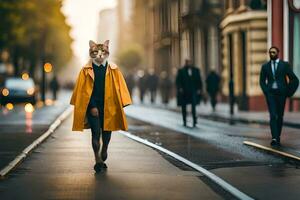 une femme dans une Jaune manteau en marchant vers le bas une rue. généré par ai photo