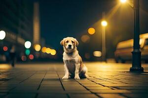 une chien séance sur le rue à nuit. généré par ai photo