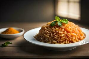 riz avec curry poudre et Safran des Indes poudre. généré par ai photo