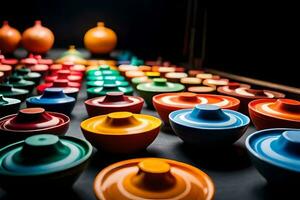 coloré boules et des vases sont arrangé sur une tableau. généré par ai photo