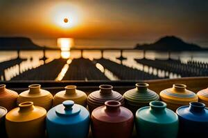 une rangée de coloré des vases séance sur une tableau. généré par ai photo