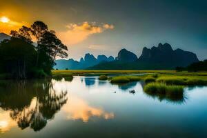 le Soleil ensembles plus de une rivière et montagnes dans Chine. généré par ai photo