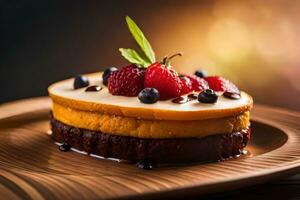 une dessert avec baies et crème sur une en bois plaque. généré par ai photo