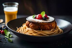 une assiette de spaghetti avec une champignon et une verre de jus. généré par ai photo