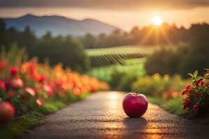 un Pomme est séance sur une chemin dans de face de une champ. généré par ai photo