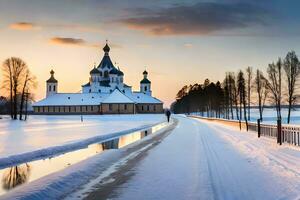 une église est vu dans le neige à le coucher du soleil. généré par ai photo