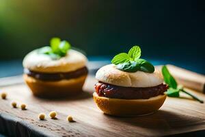 deux mini des hamburgers sur une en bois Coupe planche. généré par ai photo