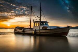 une bateau est séance sur le l'eau à le coucher du soleil. généré par ai photo