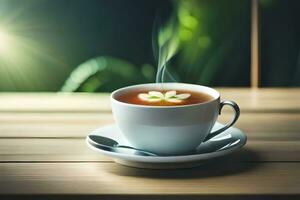 chaud thé avec fleur sur soucoupe sur en bois table avec lumière du soleil. généré par ai photo