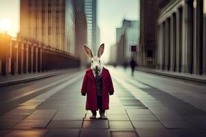 une lapin portant une rouge manteau permanent dans le milieu de une ville rue. généré par ai photo