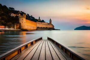 une en bois Dock pistes à une Château à le coucher du soleil. généré par ai photo