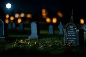 une cimetière avec pierres tombales et bougies dans le nuit. généré par ai photo