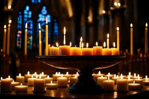 bougies dans une église avec bougies allumé dans le Contexte. généré par ai photo