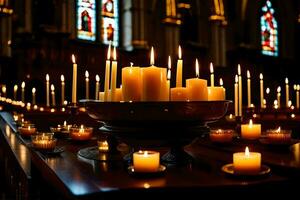 bougies sont allumé dans une église avec bougies dans le Contexte. généré par ai photo