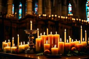 bougies sont allumé dans une église avec bougies. généré par ai photo