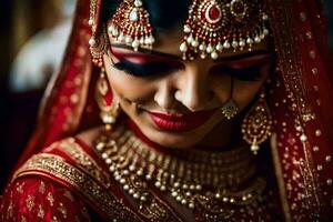 une magnifique la mariée dans traditionnel Indien tenue. généré par ai photo