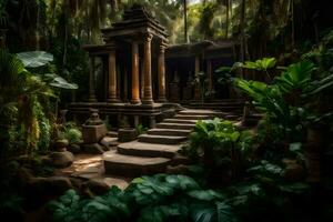 une temple dans le jungle avec les plantes et des arbres. généré par ai photo