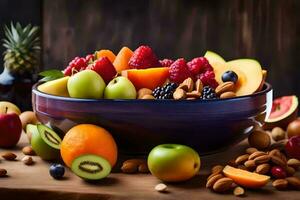 une bol de fruit avec des noisettes et baies. généré par ai photo