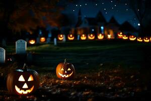 Halloween citrouilles dans le cimetière à nuit. généré par ai photo