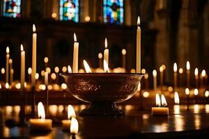 bougies sont allumé dans une église avec coloré verre les fenêtres. généré par ai photo